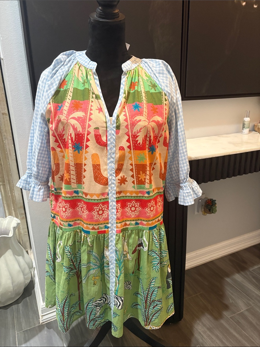 THML Colorful Tropical Patchwork Dress with Light Blue Trim
